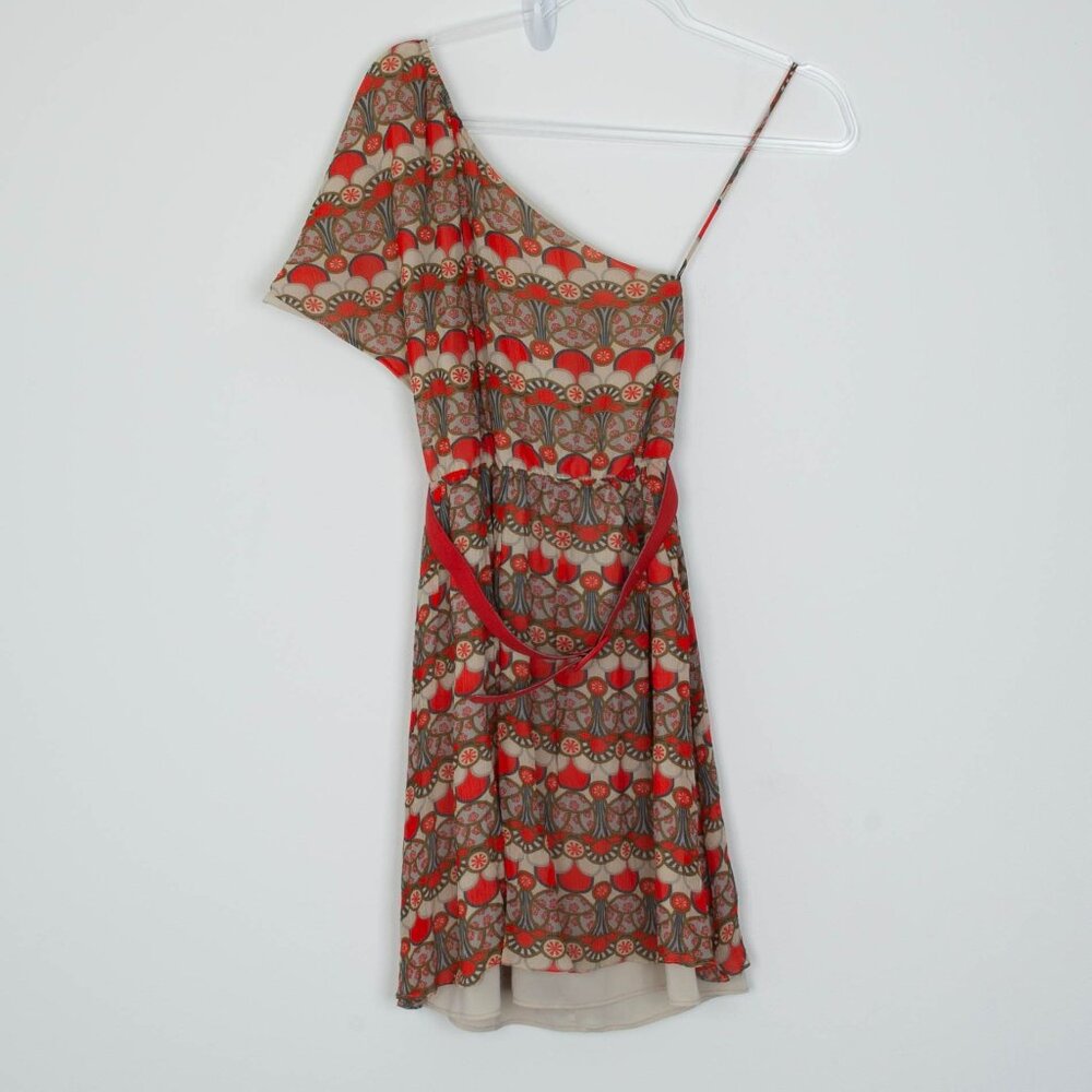 Alice + Olivia‎ Womens Silk One Shoulder Geometric Mini Dress Belt Summer Travel